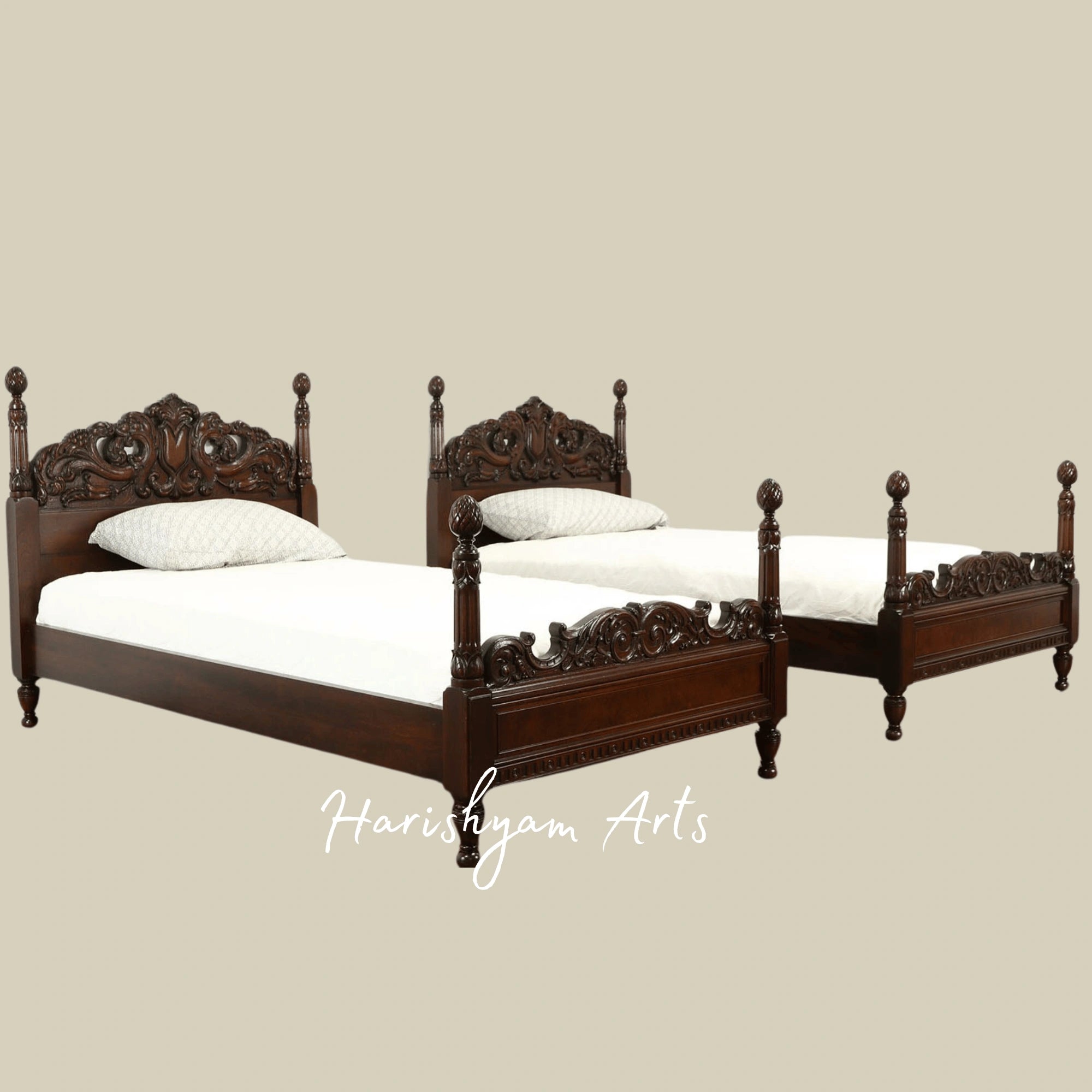 Victorian Twin Wooden Bed Set Antique Hand Carved Design
