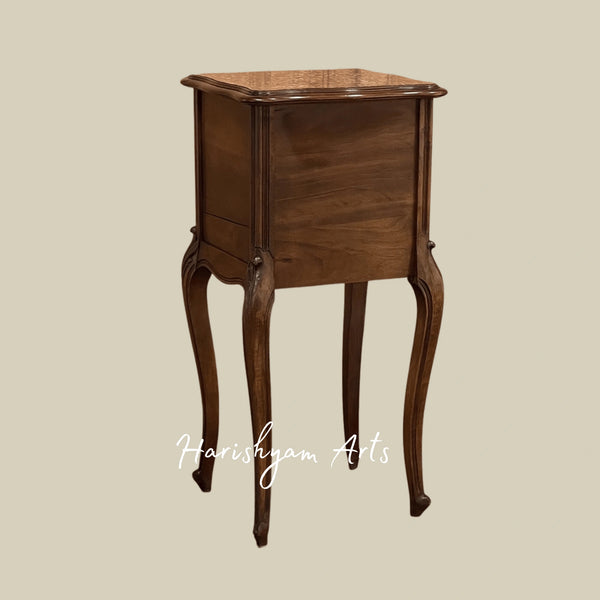 Vintage Bedside Cabinet with Carved Details and Decorative Marble Surface