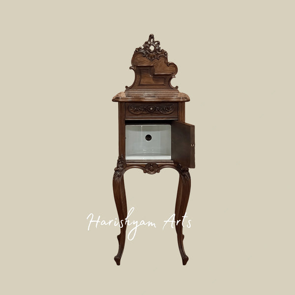 Vintage Bedside Cabinet with Carved Details and Decorative Marble Surface
