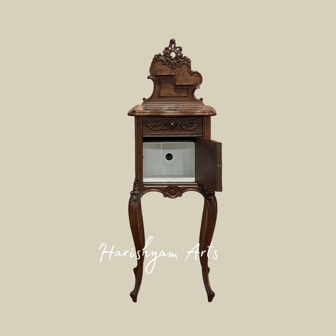 Vintage Bedside Cabinet with Carved Details and Decorative Marble Surface