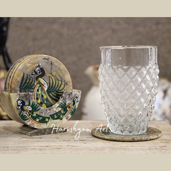 Vintage Handmade Marble Coaster Set Luxurious Peacock Design Drink Coasters