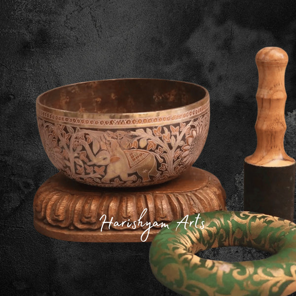 Vintage Jambati Singing Bowl with Elephant Design for Deep Meditation