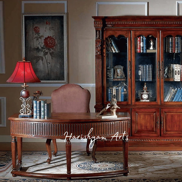 Vintage Victorian Style Wooden Office Furniture with Ornate Oval Executive Desk and Tall Library Storage Cabinet