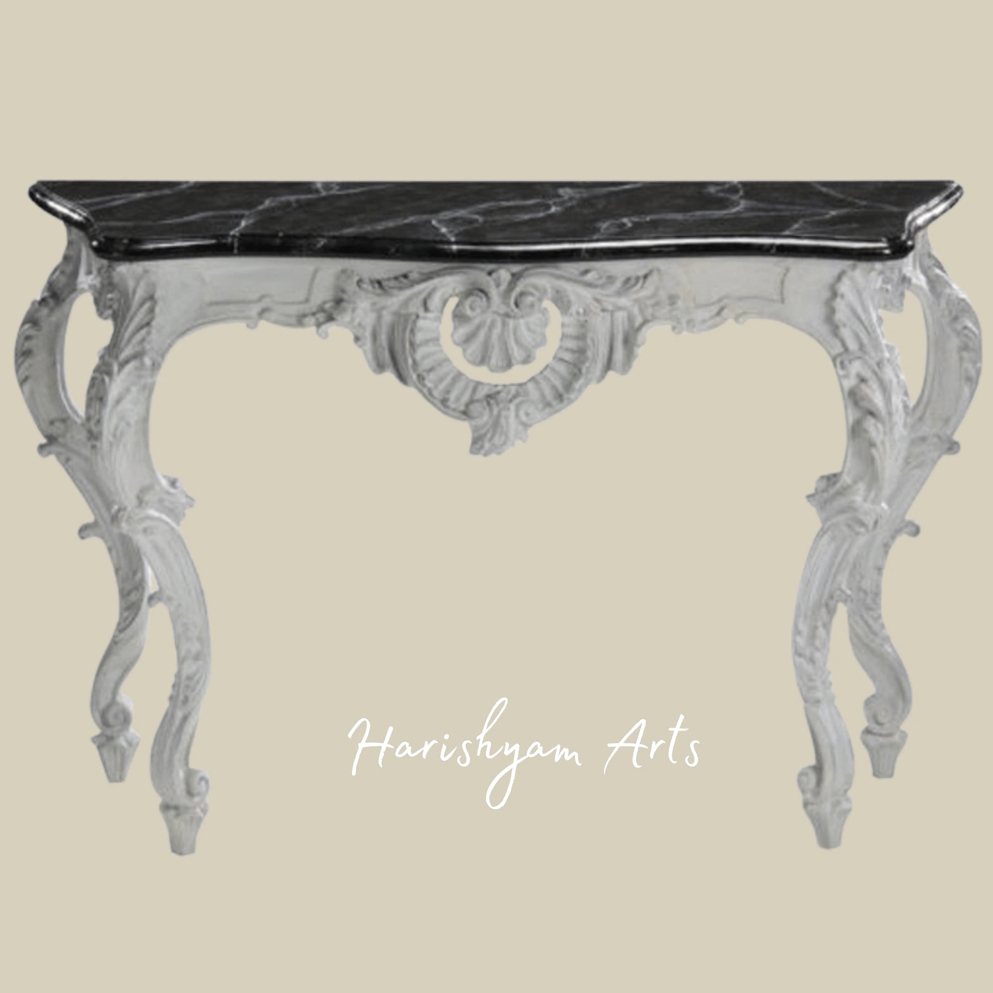 Vintage White Carved Console Table with Black Marble TopVintage White Carved Console Table with Black Marble Top