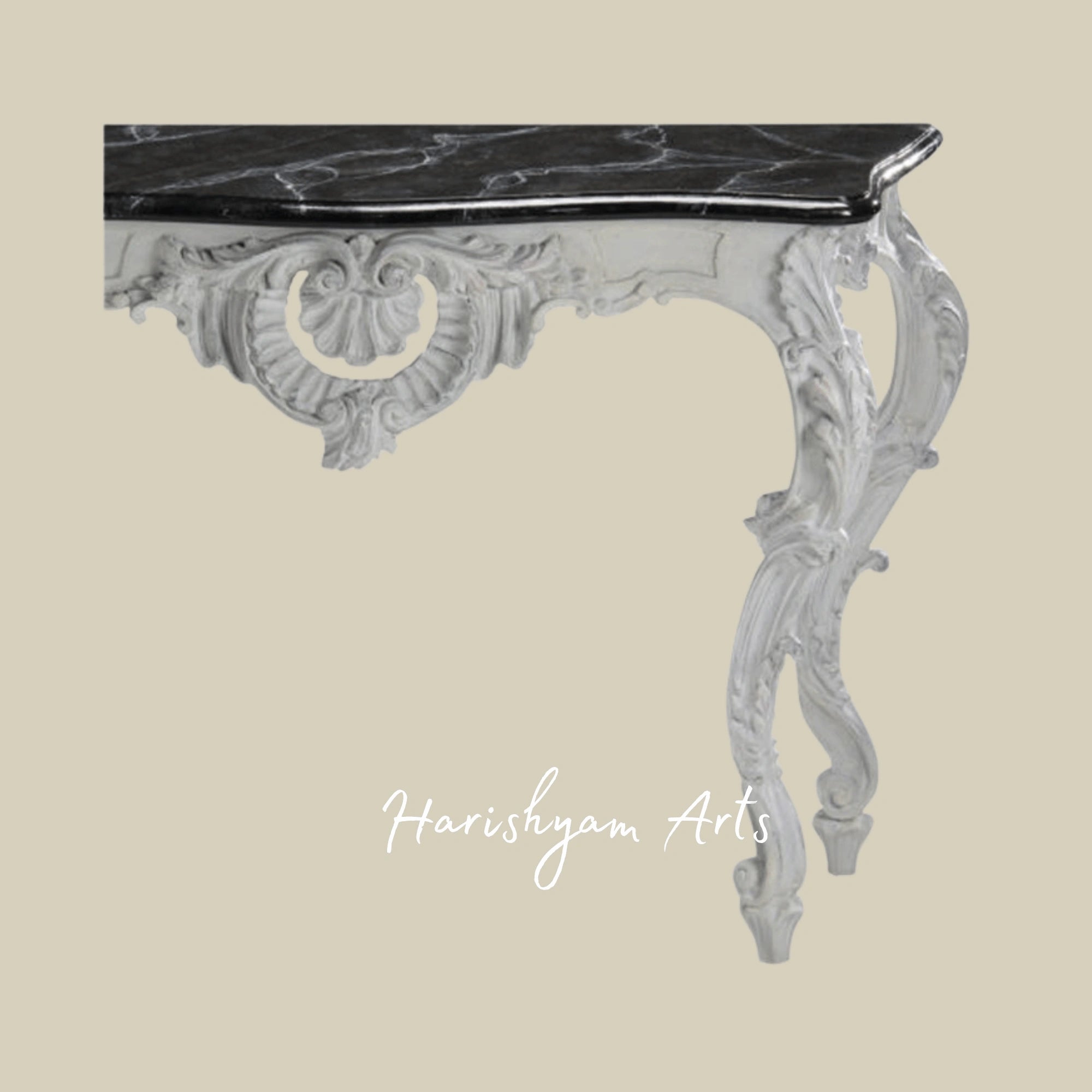 Vintage White Carved Console Table with Black Marble TopVintage White Carved Console Table with Black Marble Top1