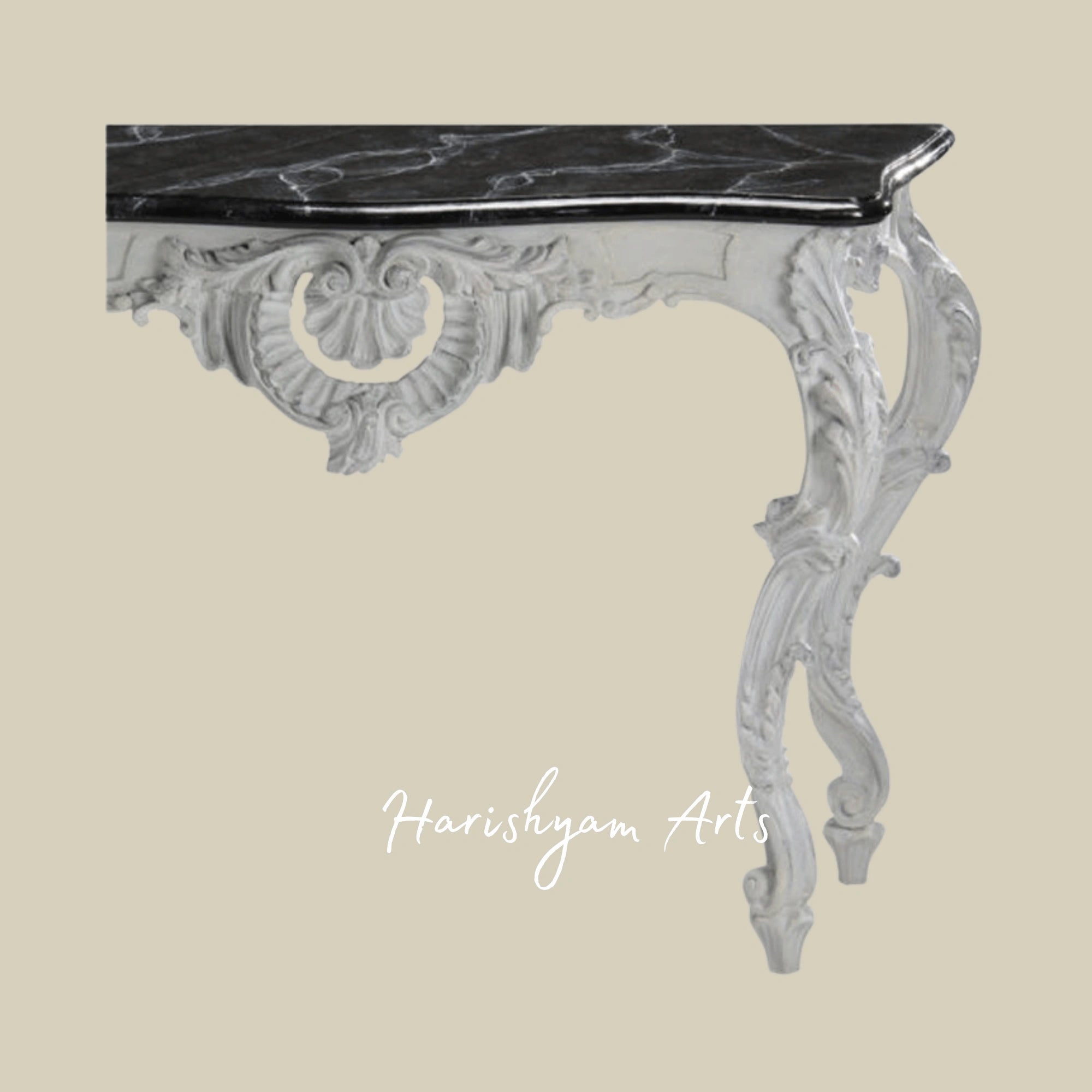 Vintage White Carved Console Table with Black Marble TopVintage White Carved Console Table with Black Marble Top2