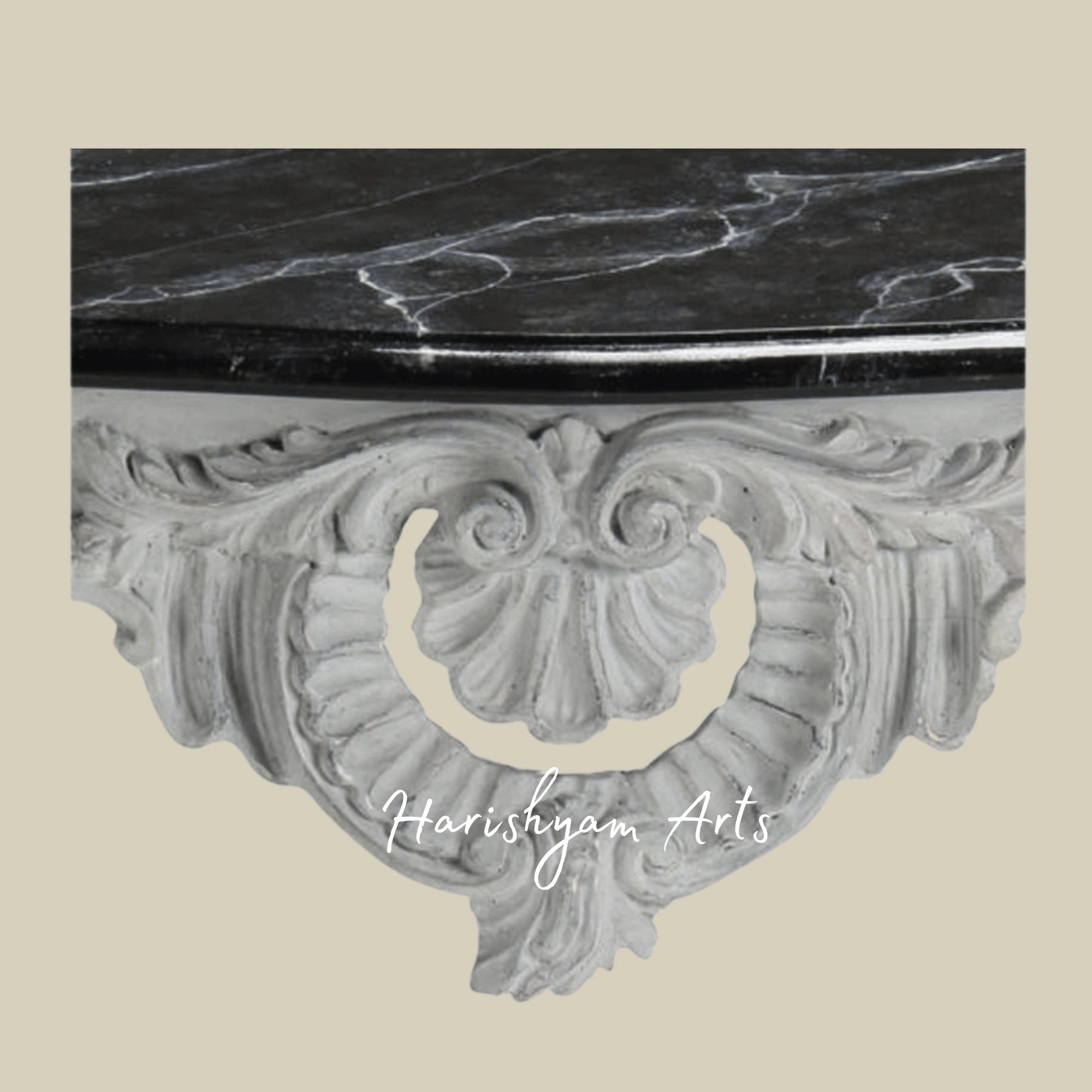 Vintage White Carved Console Table with Black Marble TopVintage White Carved Console Table with Black Marble Top4