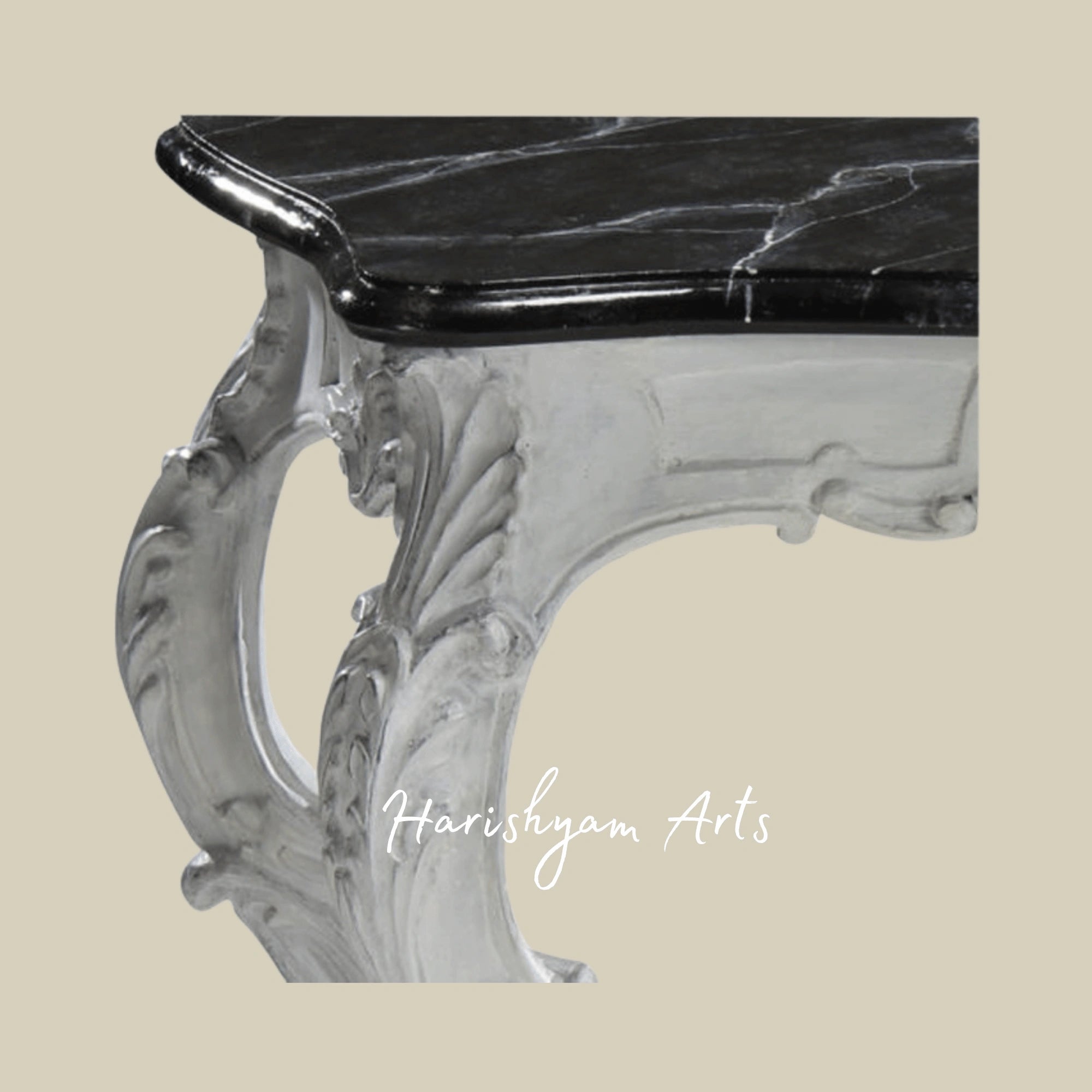 Vintage White Carved Console Table with Black Marble TopVintage White Carved Console Table with Black Marble Top5