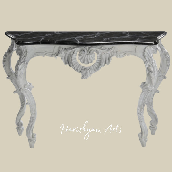 Vintage White Carved Console Table with Black Marble TopVintage White Carved Console Table with Black Marble Top