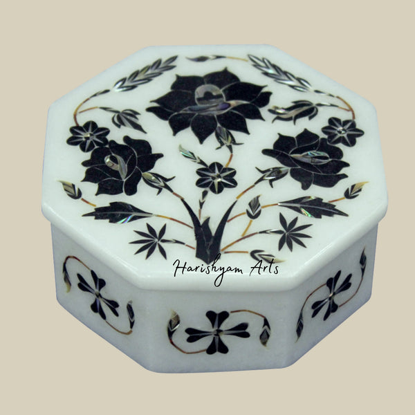 Vintage Moroccan Marble Inlay Jewelry Box with Black Onyx Floral Art