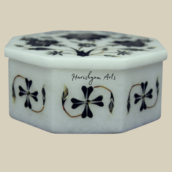 Vintage Moroccan Marble Inlay Jewelry Box with Black Onyx Floral Art
