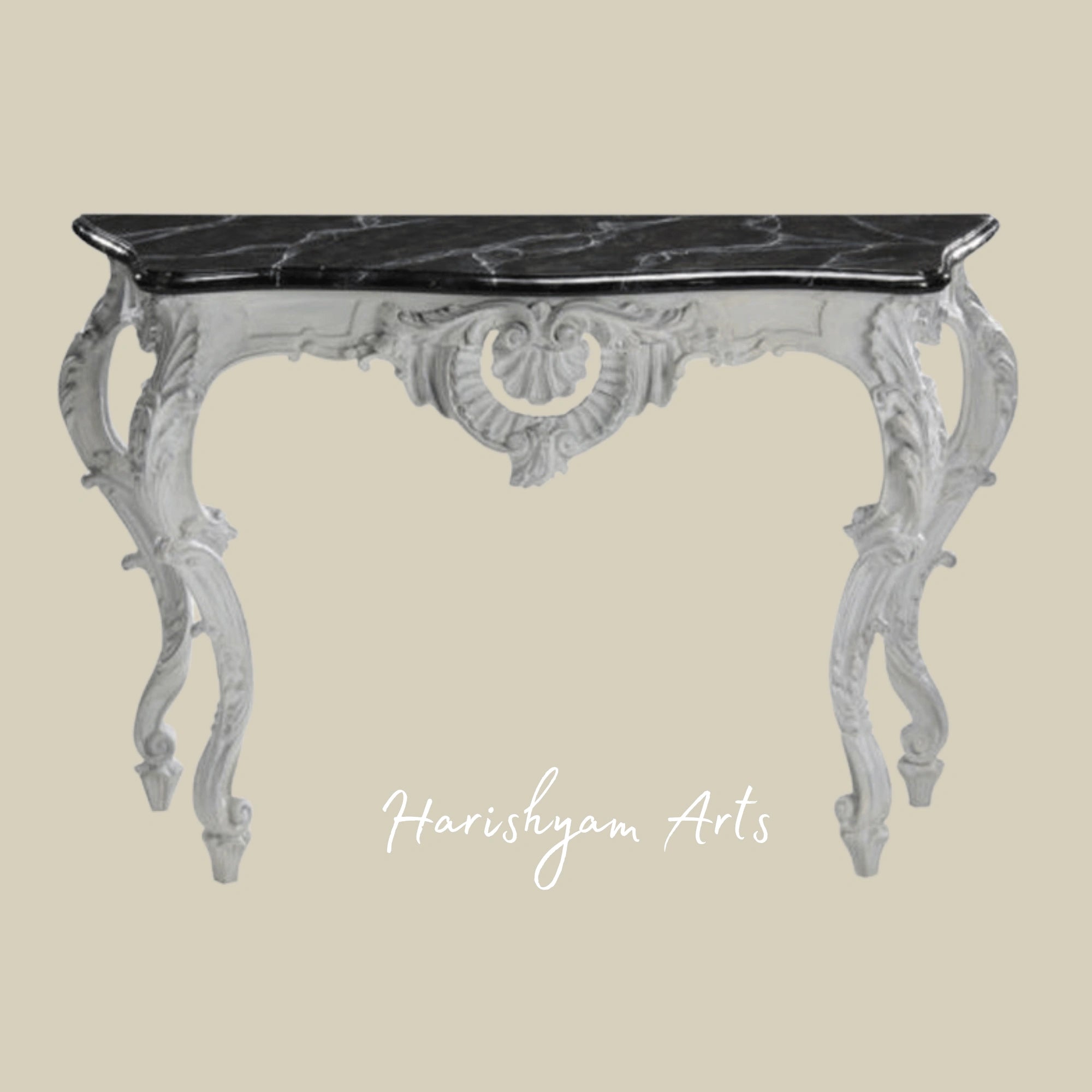 Vintage White Carved Console Table with Black Marble TopVintage White Carved Console Table with Black Marble Top