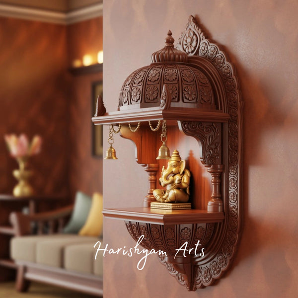 Wall Mounted Wooden Mandir with Ganesha Idol Shelf