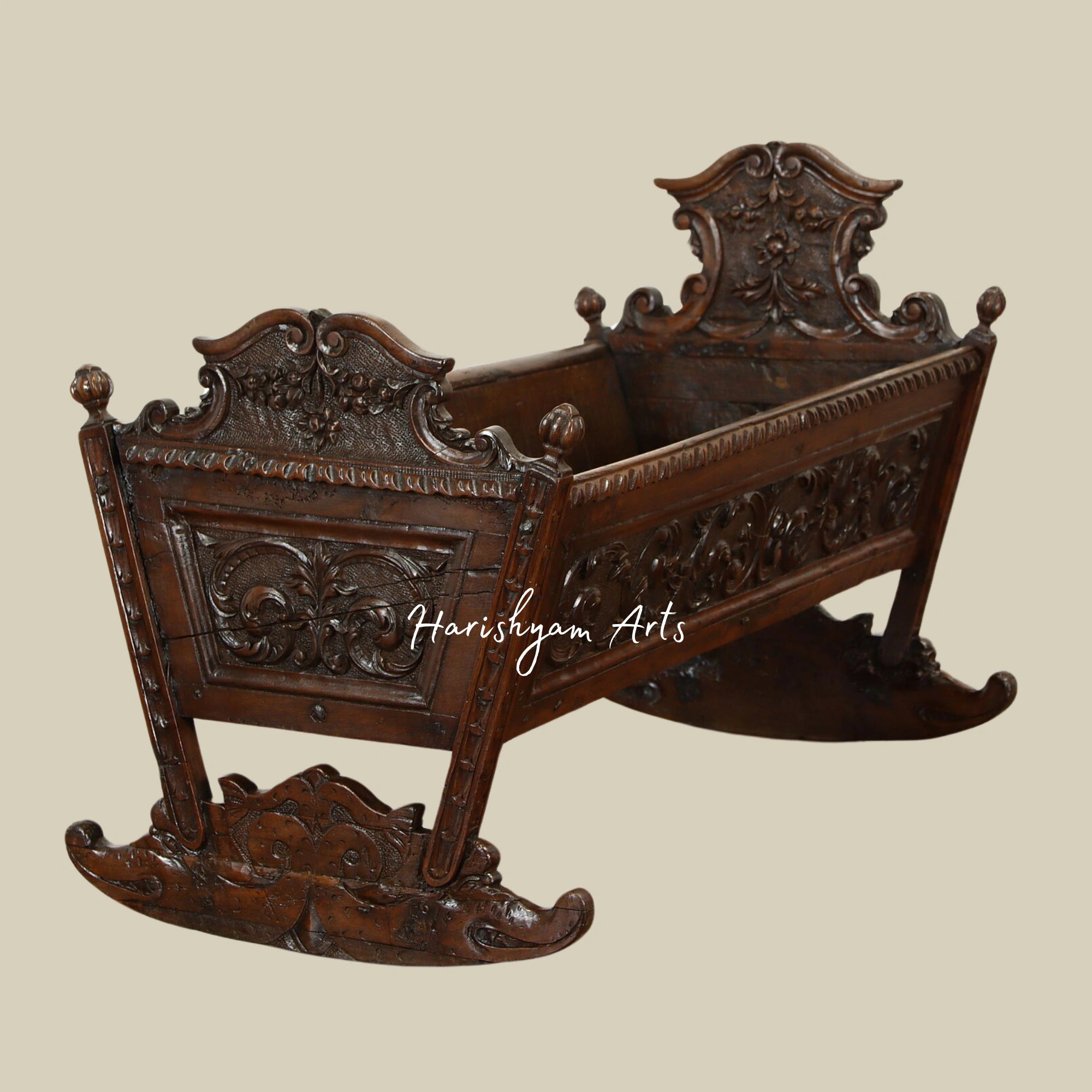 Walnut Antique Baby Cradle Bed with Carved Dolphins and Floral Designs