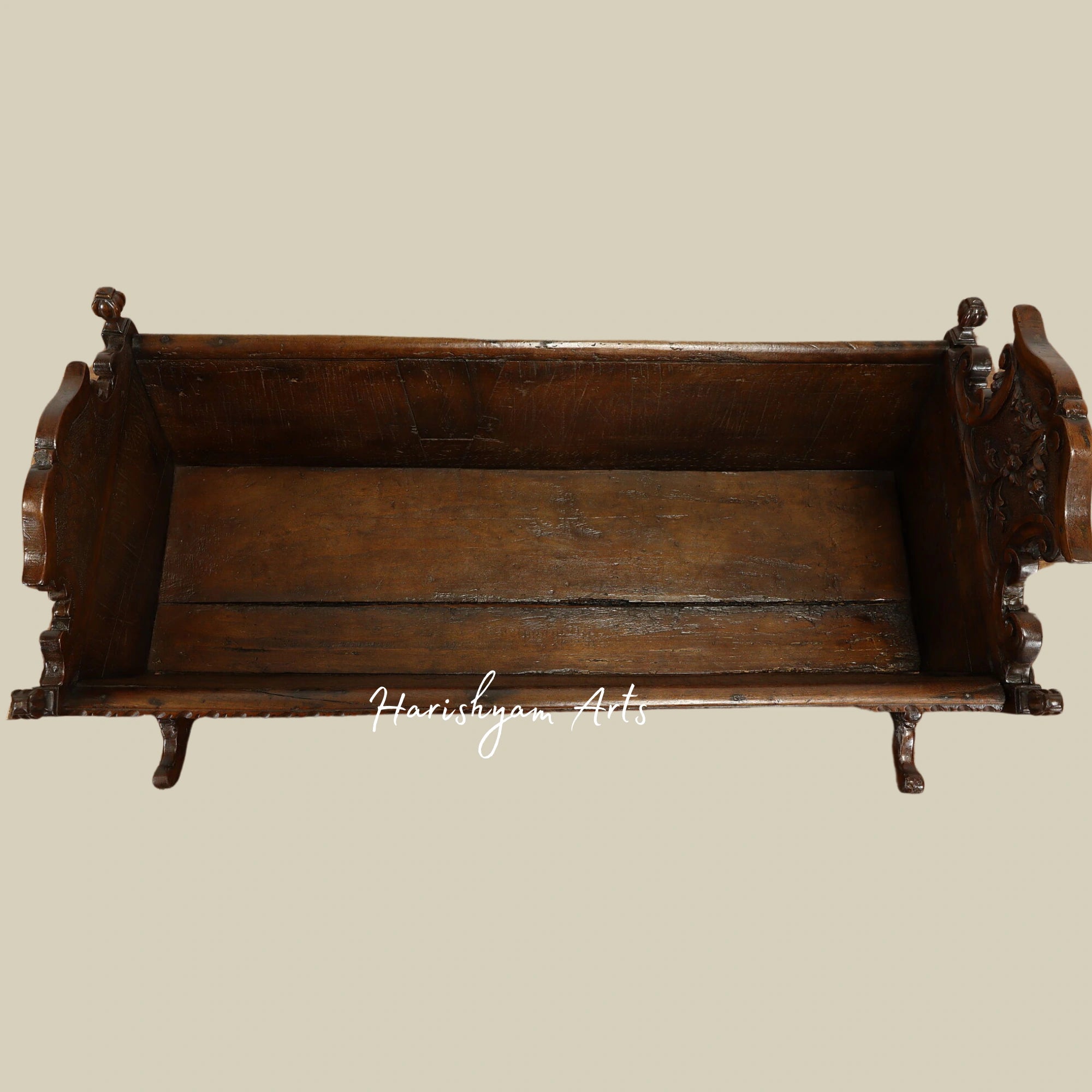 Walnut Antique Baby Cradle Bed with Carved Dolphins and Floral Designs