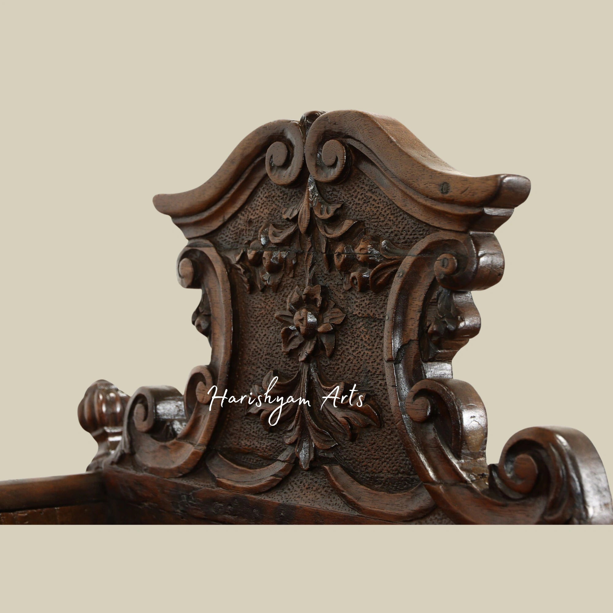 Walnut Antique Baby Cradle Bed with Carved Dolphins and Floral Designs