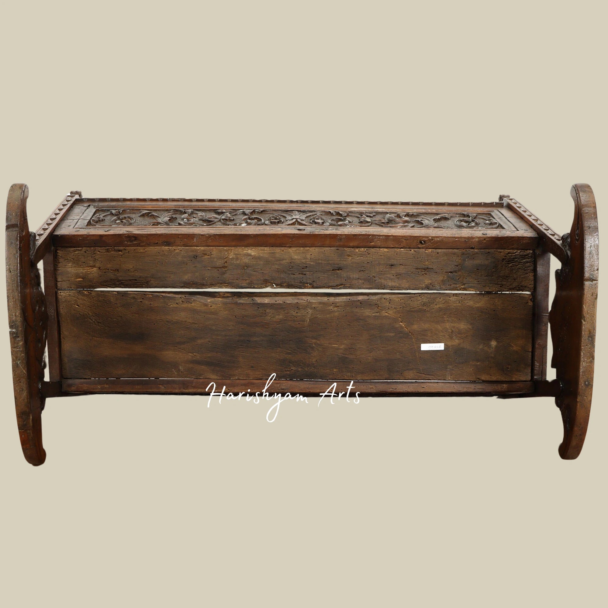 Walnut Antique Baby Cradle Bed with Carved Dolphins and Floral Designs