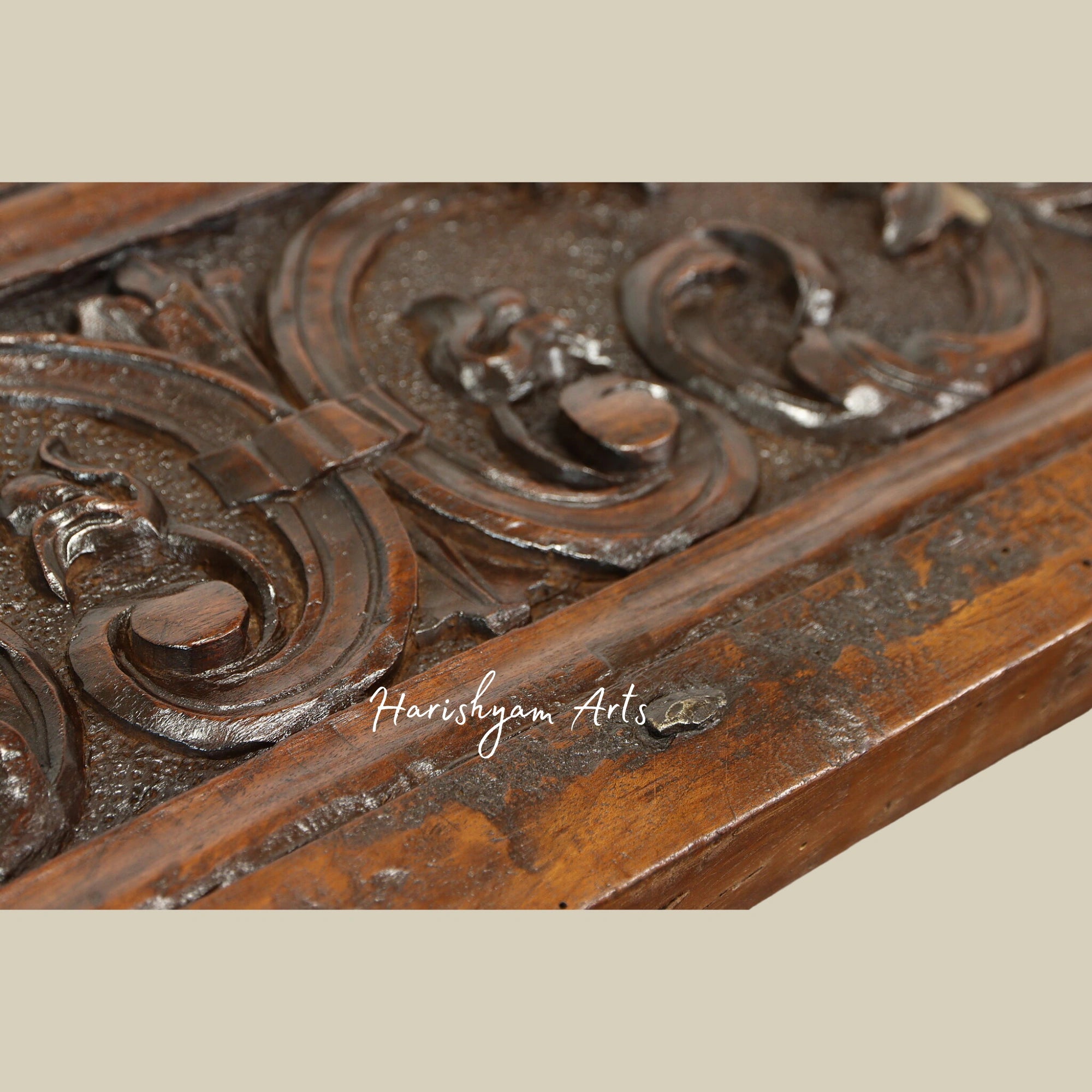 Walnut Antique Baby Cradle Bed with Carved Dolphins and Floral Designs