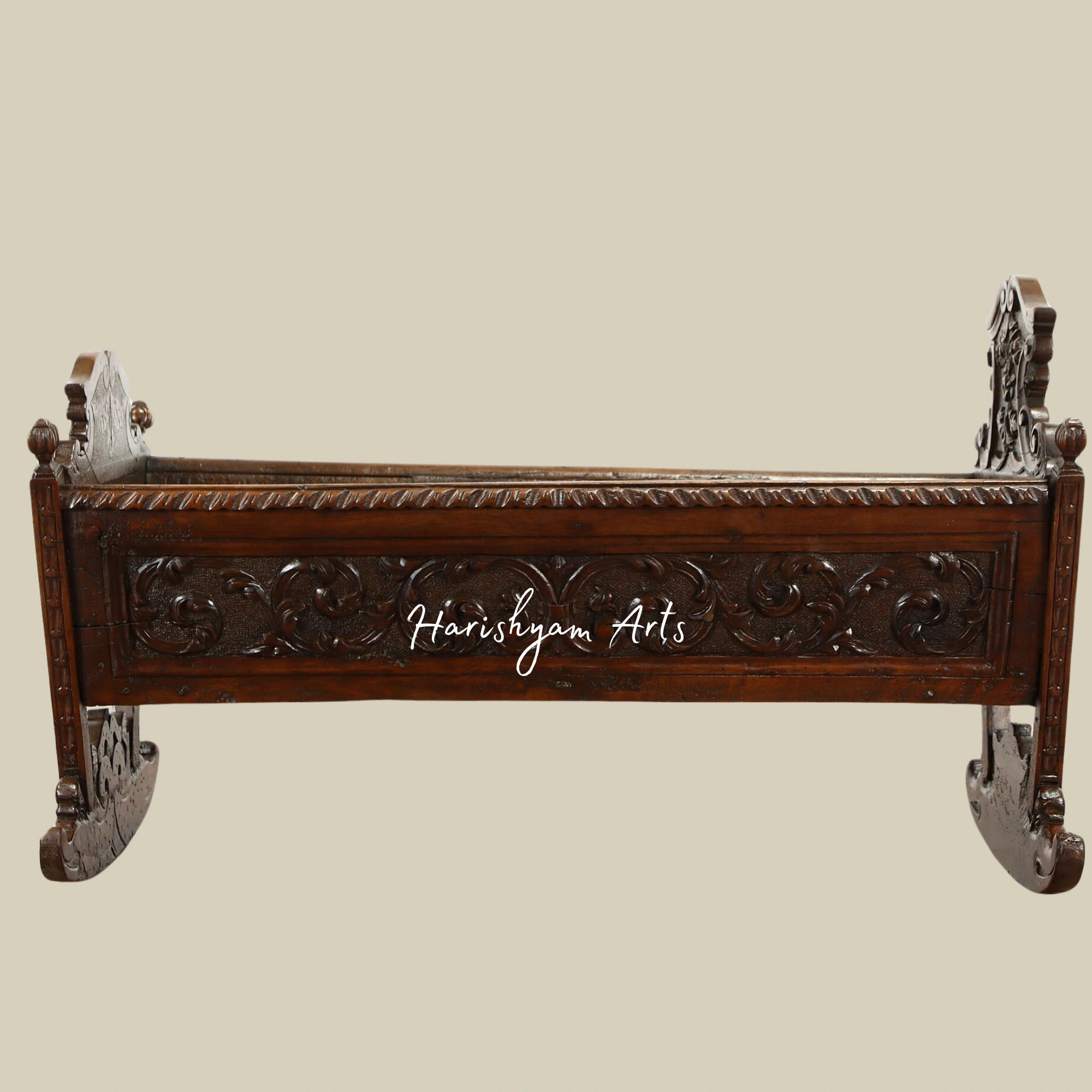 Walnut Antique Baby Cradle Bed with Carved Dolphins and Floral Designs