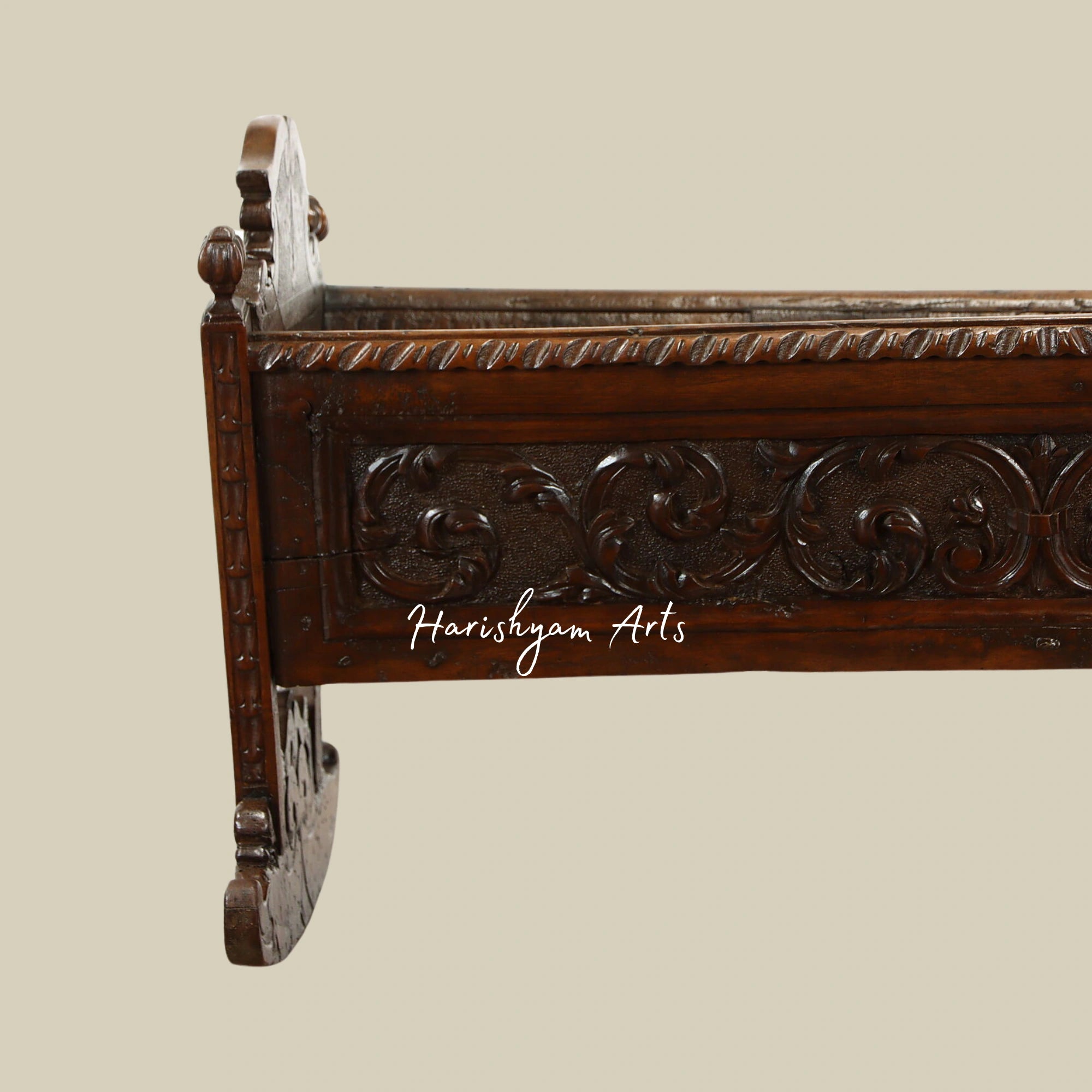 Walnut Antique Baby Cradle Bed with Carved Dolphins and Floral Designs