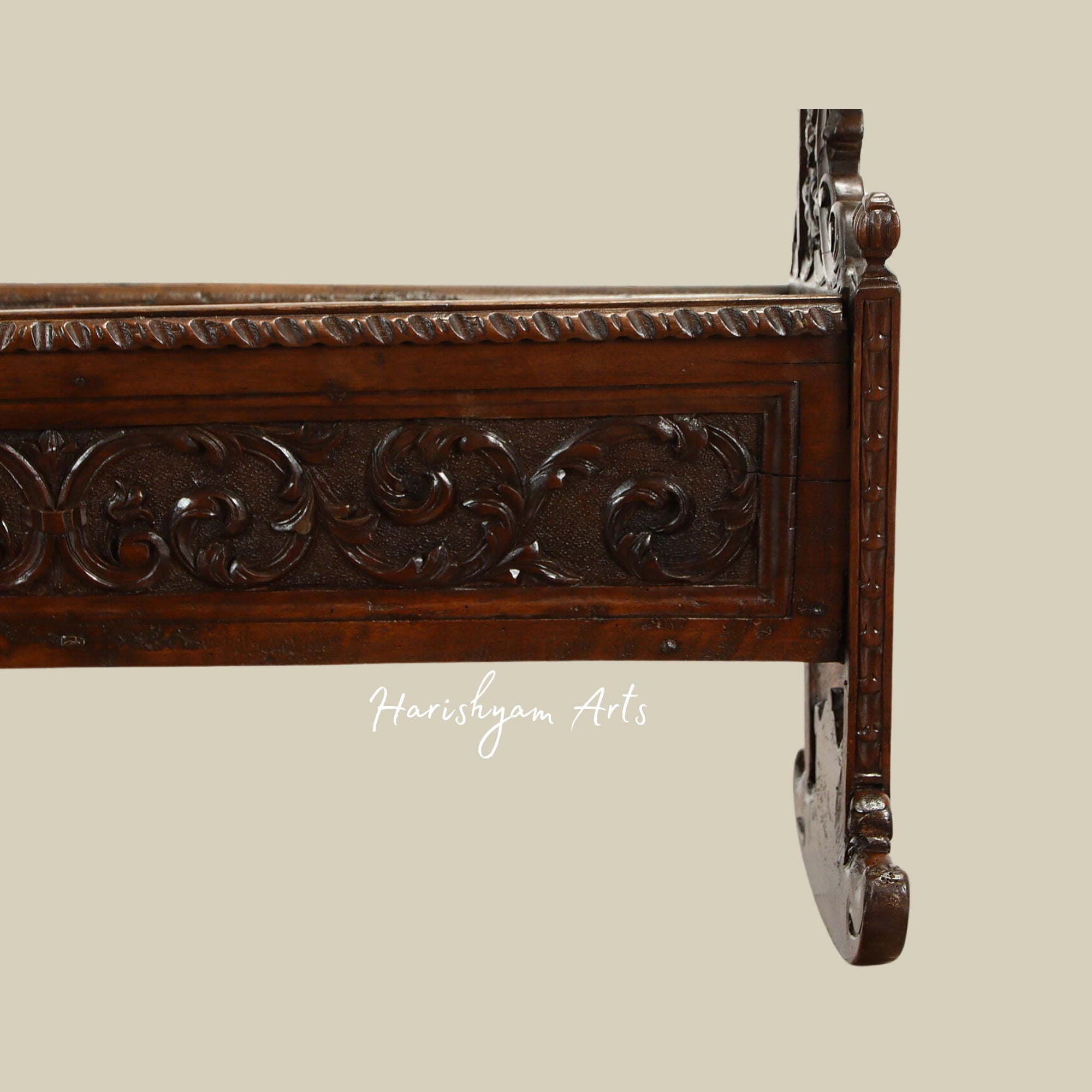 Walnut Antique Baby Cradle Bed with Carved Dolphins and Floral Designs