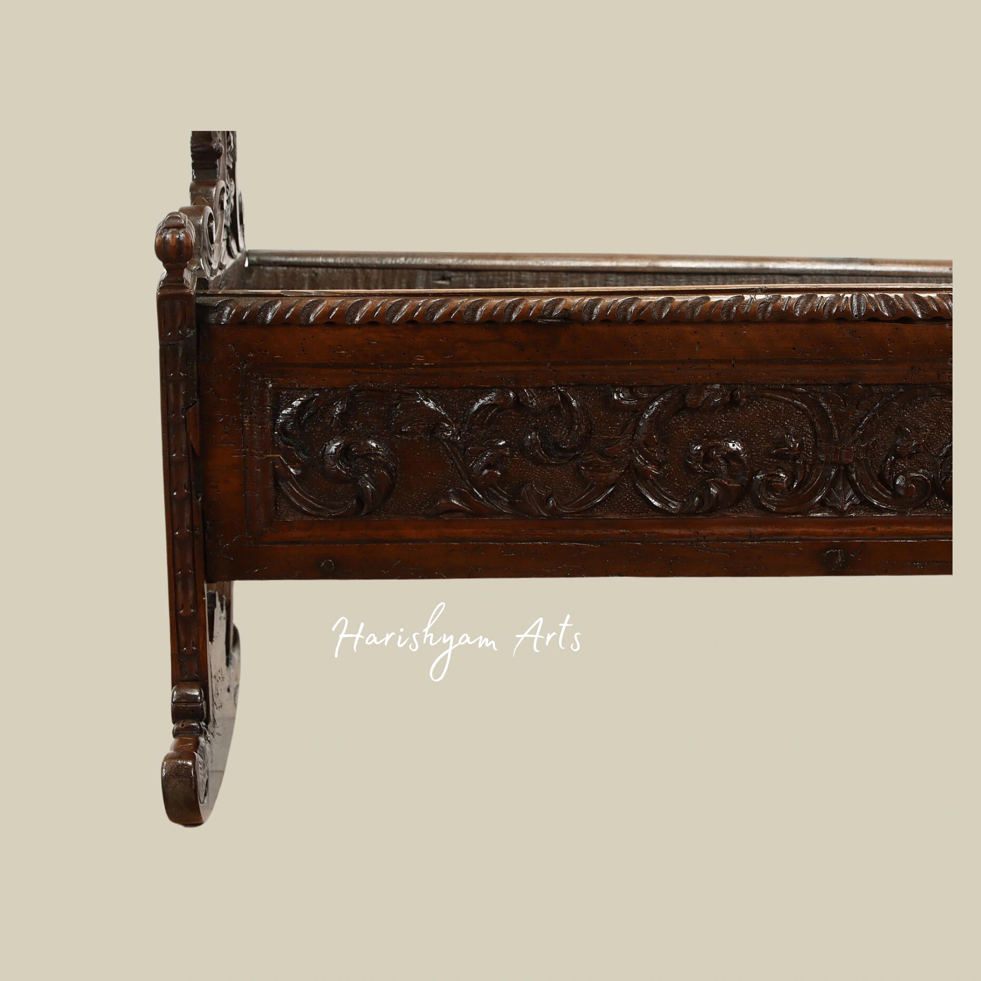 Walnut Antique Baby Cradle Bed with Carved Dolphins and Floral Designs