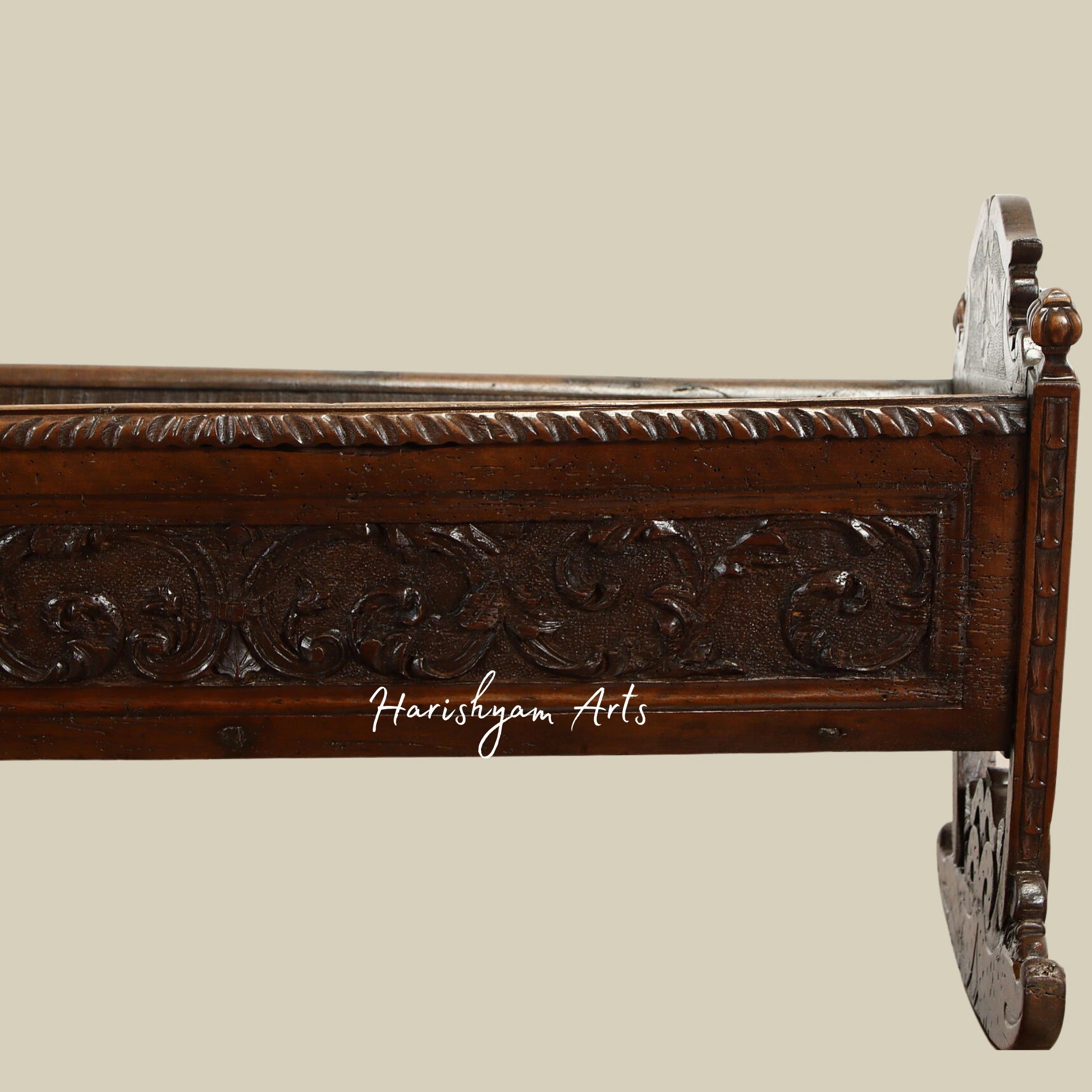 Walnut Antique Baby Cradle Bed with Carved Dolphins and Floral Designs