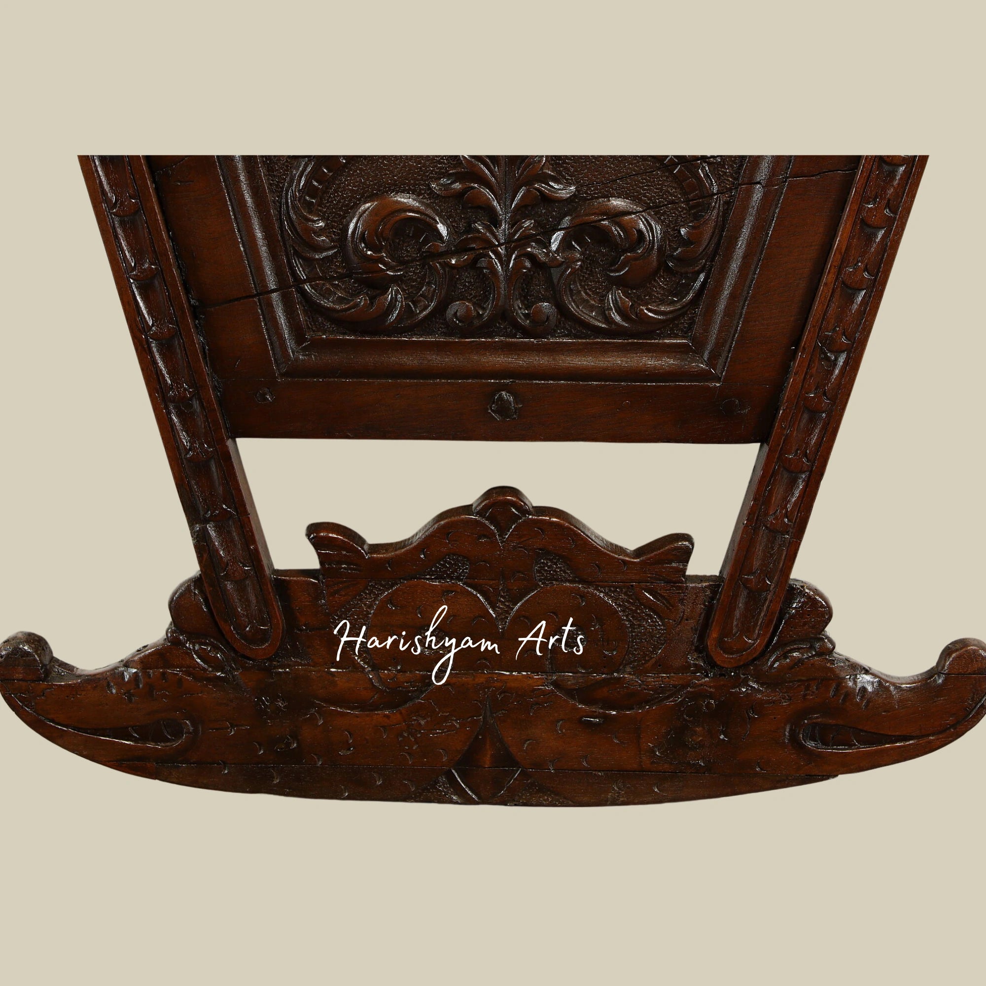 Walnut Antique Baby Cradle Bed with Carved Dolphins and Floral Designs