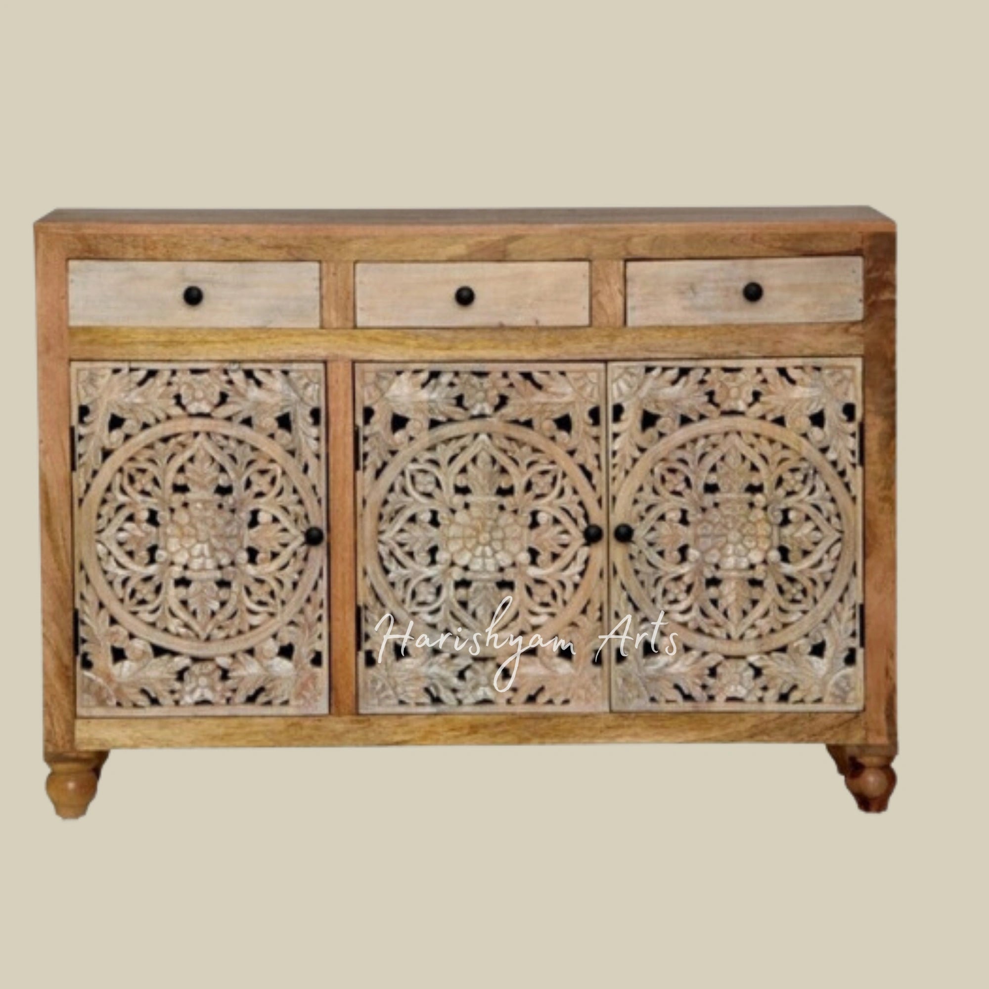 Handcrafted Indian Solid Wood Shoe Cabinet with Elegant Carvings