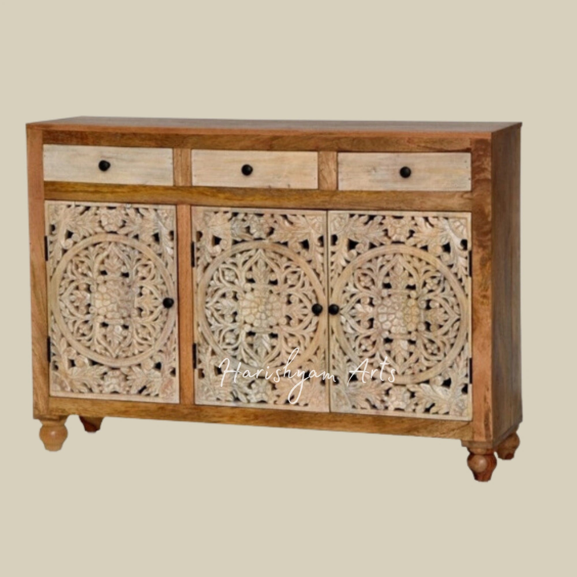 Handcrafted Indian Solid Wood Shoe Cabinet with Elegant Carvings