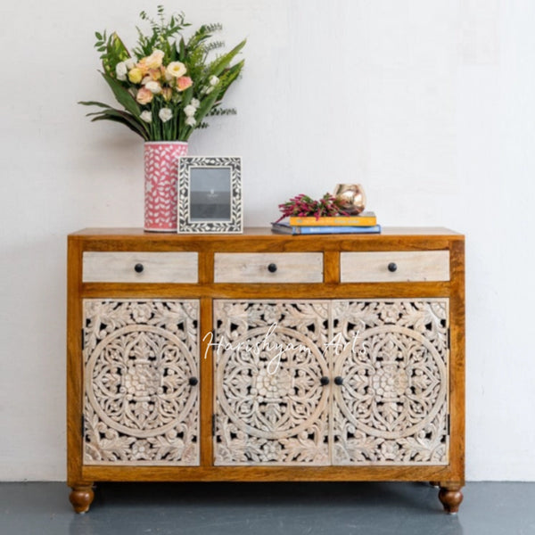 Handcrafted Indian Solid Wood Shoe Cabinet with Elegant Carvings