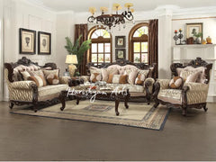 Walnut and Beige Fabric Sofa Set With Armchair