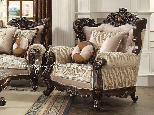 Walnut and Beige Fabric Sofa Set With Armchair