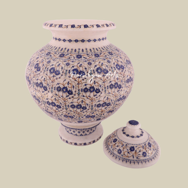 White Marble Flower Pot with Lapis Lazuli Gemstone Inlay