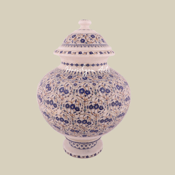 White Marble Flower Pot with Lapis Lazuli Gemstone Inlay