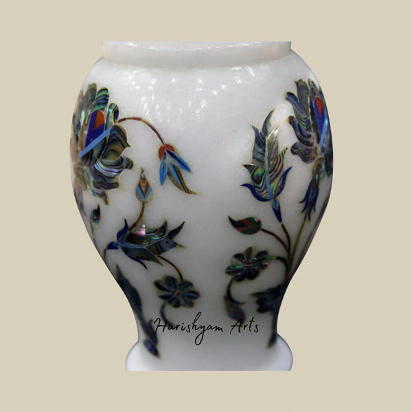 White Marble Flower Vase with Paua Shell Inlay