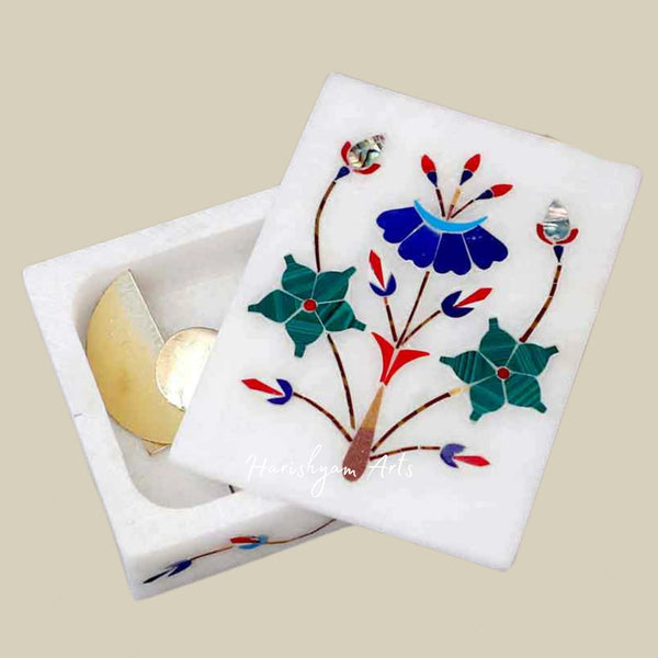 White Marble Jewelry Box with Lazuli Inlay – Elegant Floral Design