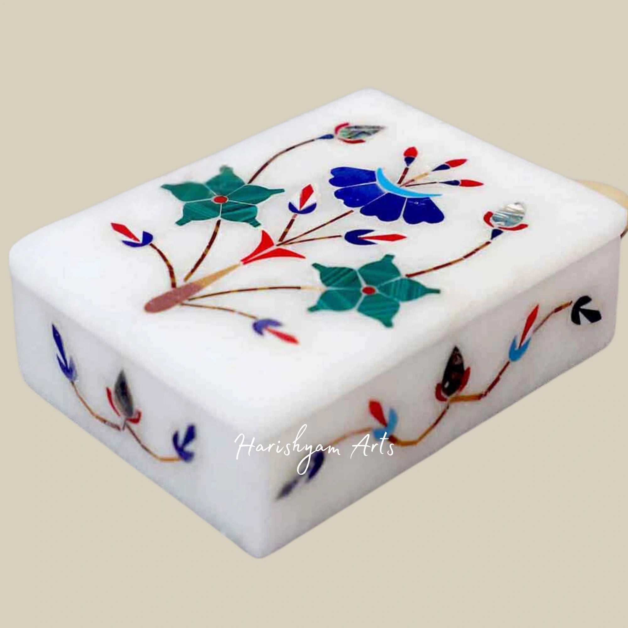 White Marble Jewelry Box with Lazuli Inlay – Elegant Floral Design2