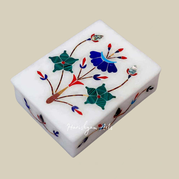 White Marble Jewelry Box with Lazuli Inlay – Elegant Floral Design