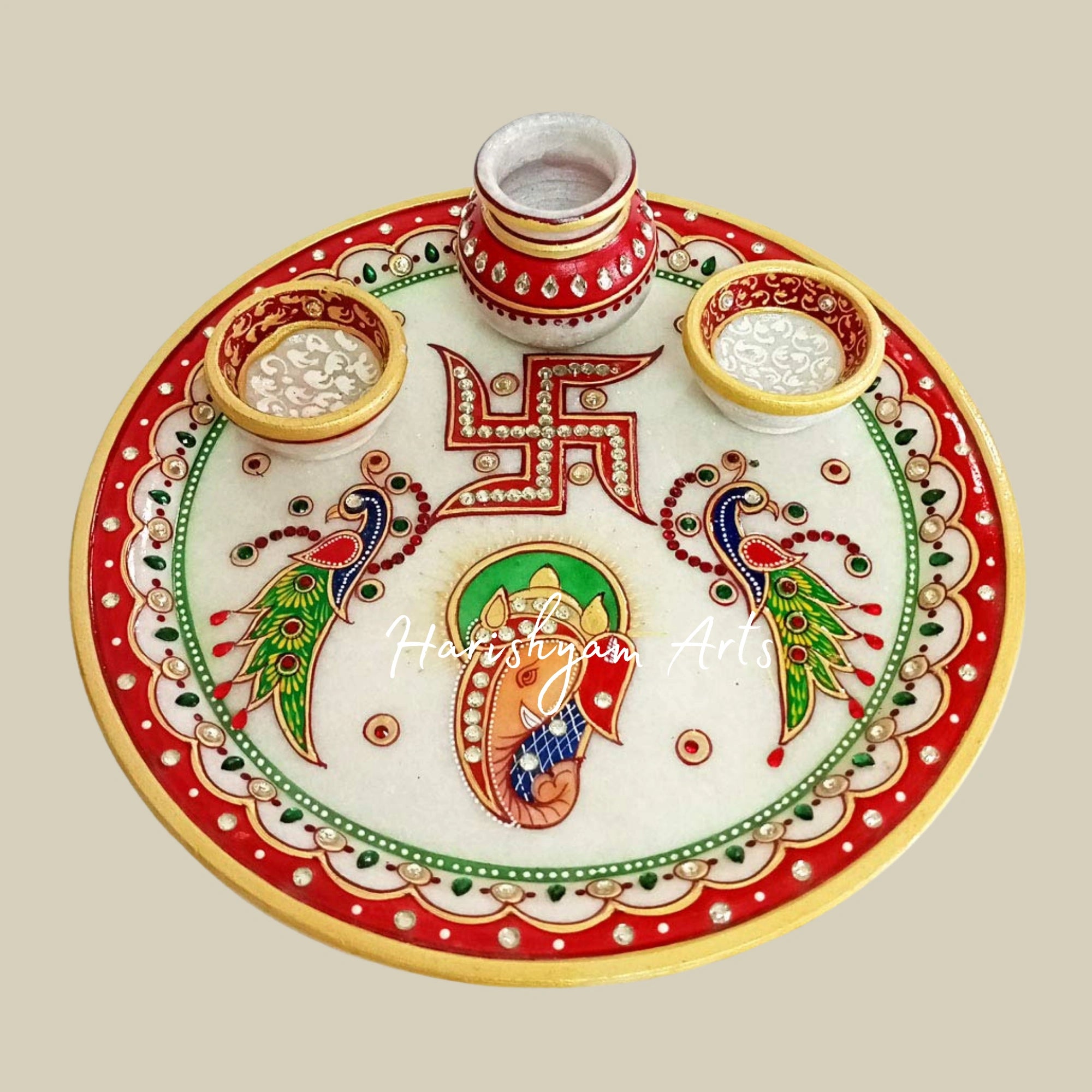 White Marble Puja Plate with Embossed Meenakari Work for Home Mandir and Aarti