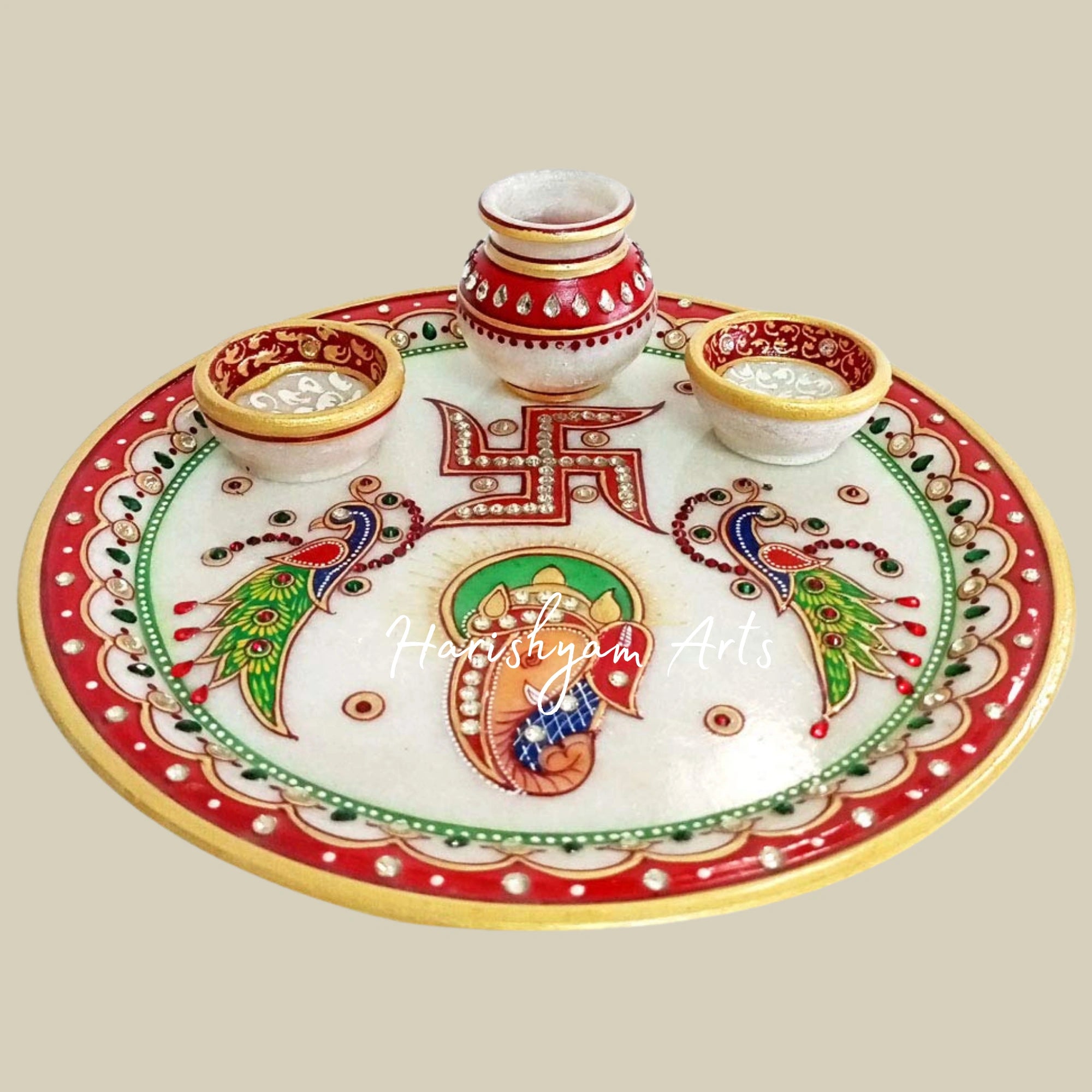 White Marble Puja Plate with Embossed Meenakari Work for Home Mandir and Aarti1