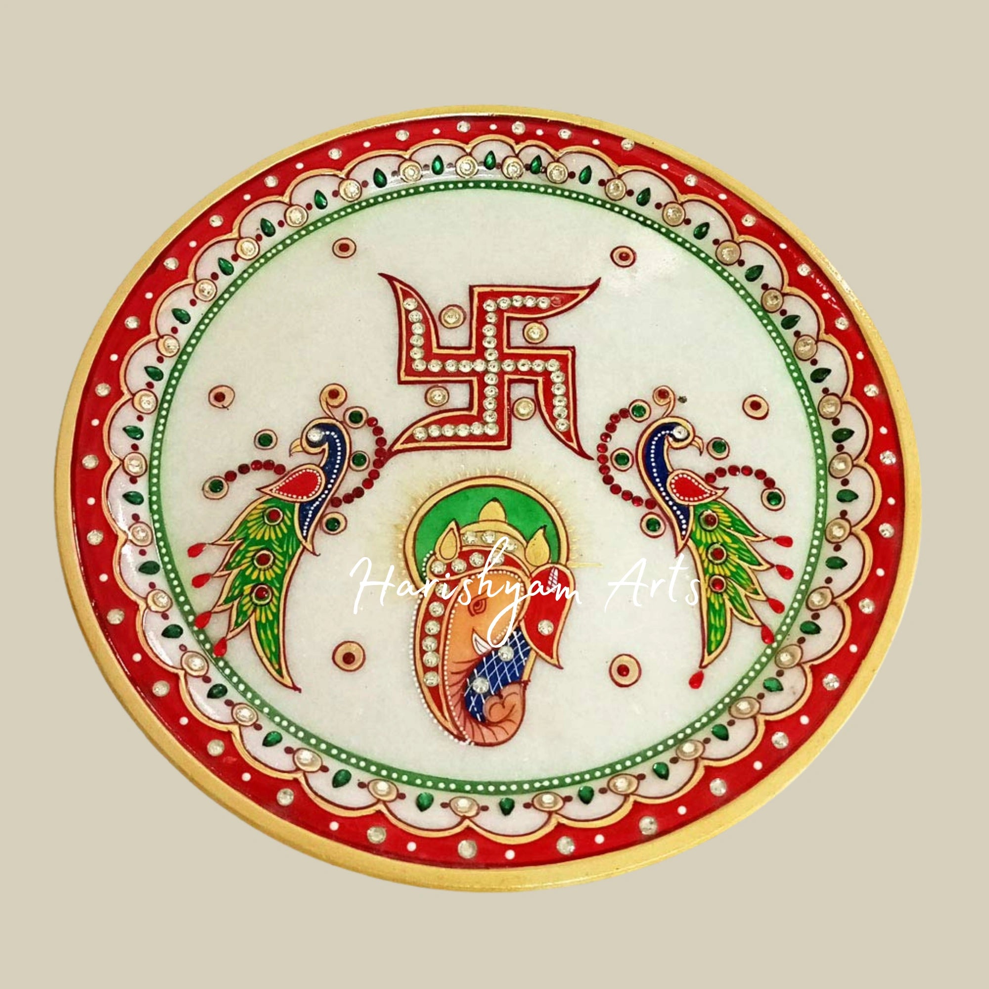 White Marble Puja Plate with Embossed Meenakari Work for Home Mandir and Aarti2