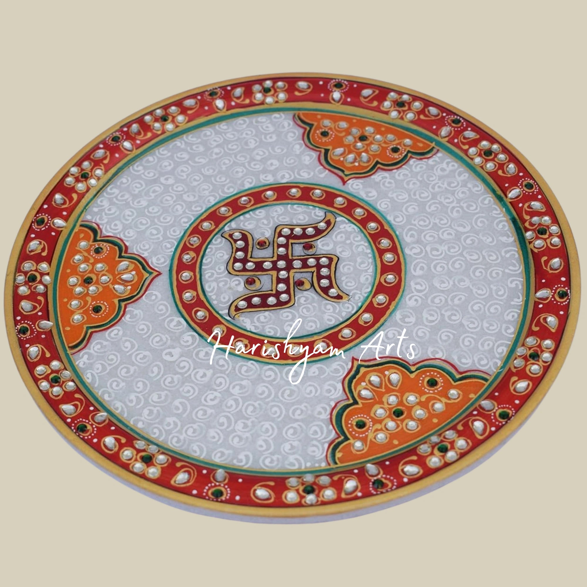 White Marble Puja Thali with Elegant Kundan Work for Home Temple1