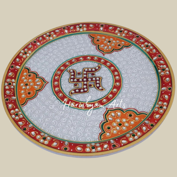 White Marble Puja Thali with Elegant Kundan Work for Home Temple