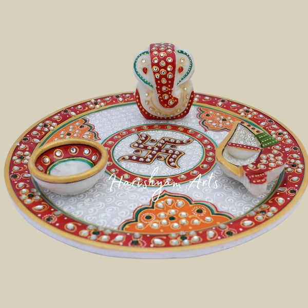 White Marble Puja Thali with Elegant Kundan Work for Home Temple