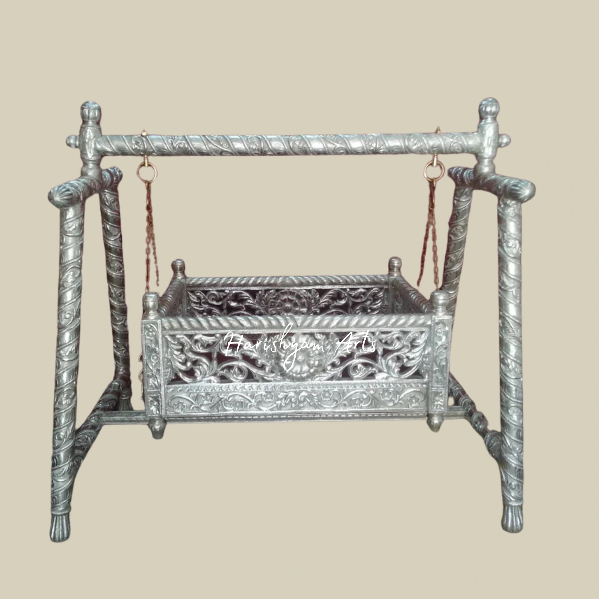 Wooden Baby Cradle in Silver Finish for Newborns