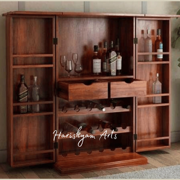 Wooden Bar Cabinet with Glass Holder and Wine Bottle Storage