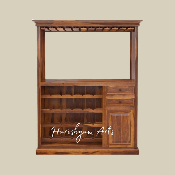 Wooden Bar Cabinet with Glass Rack, Bottle Shelves, and Drawer Storage
