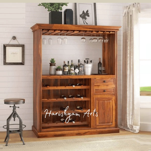 Wooden Bar Cabinet with Glass Rack, Bottle Shelves, and Drawer Storage