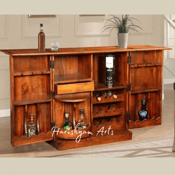 Wooden Bar Cabinet with Rotating Tray and Multi-Shelf Storage
